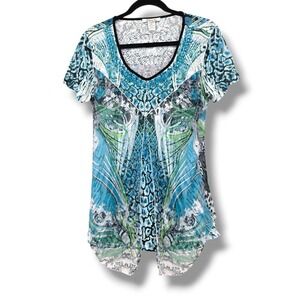 Elysee 26 Blouse Top Medium Blue Green‎ Abstract Print V Neck Short Sleeve